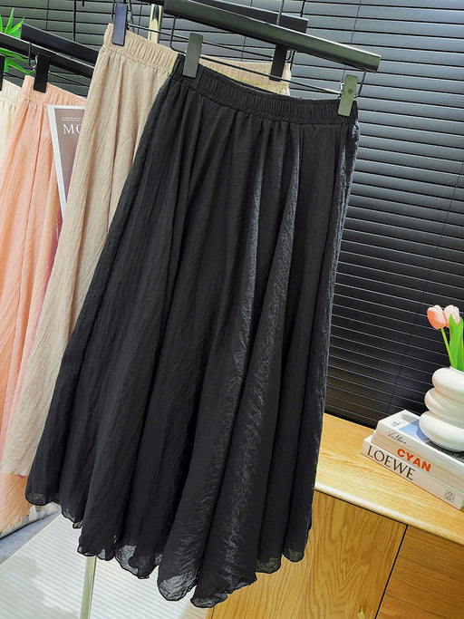 Lazy Yamamoto Cotton Linen Skirt for Women Summer Pleated High Waist Big Swing Umbrella Skirt Mid Length Skirt-Black-Fancey Boutique
