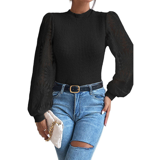 Color-Black-Office Lace Stitching Hollow Out Cutout Pullover Women Autumn Slim Fit Slimming Sweater Women-Fancey Boutique
