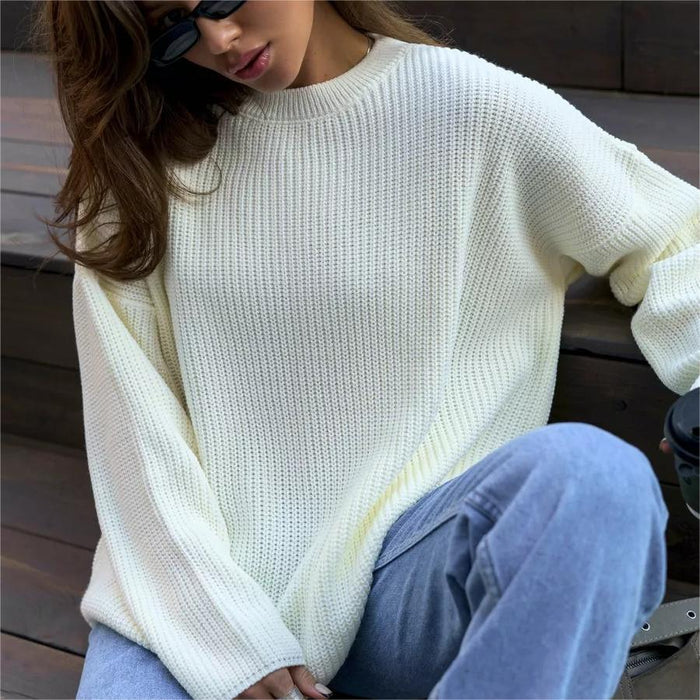 Solid Color round Neck Sweater Spring Autumn Loose Sweater Pullover Sweater for Women-White-Fancey Boutique