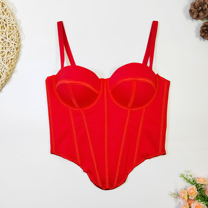 Color-Red-Spring Summer Fried Street Popular Irregular Asymmetric Boning Corset Corset Inner Outer Wear Sling Women Corset Beauty Back Tube Top-Fancey Boutique