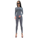 Color-Gray-Autumn Winter Women Front Chest Zipper Pocket Printed Long Sleeved Trousers Tight Jumpsuit-Fancey Boutique