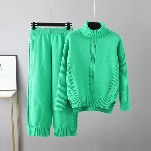 Color-Green-Turtleneck Pullover Thickened Knitting Sweater Casual Set Women Autumn Winter Loose Idle Wide Leg Pants Two Piece Set-Fancey Boutique