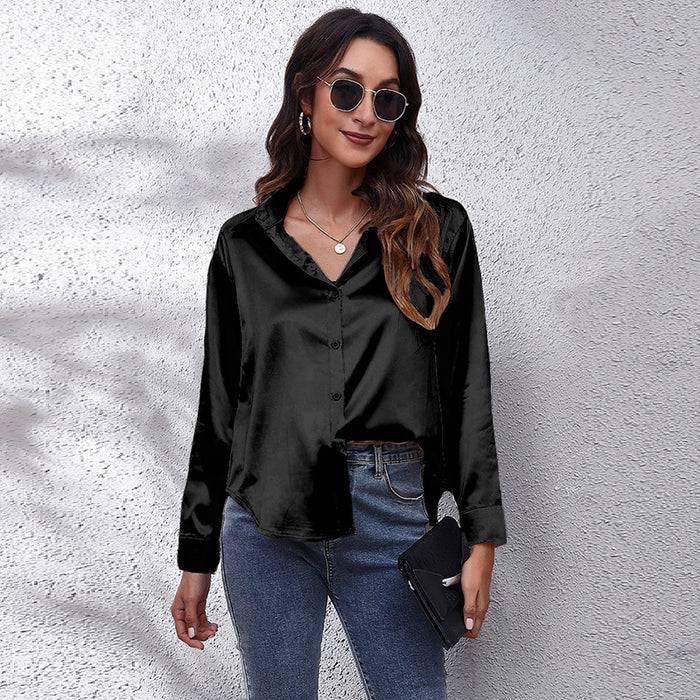 Color-Black-Popular Satin Shirt Women Artificial Silk Long Sleeve Shirt Autumn Women Clothing-Fancey Boutique