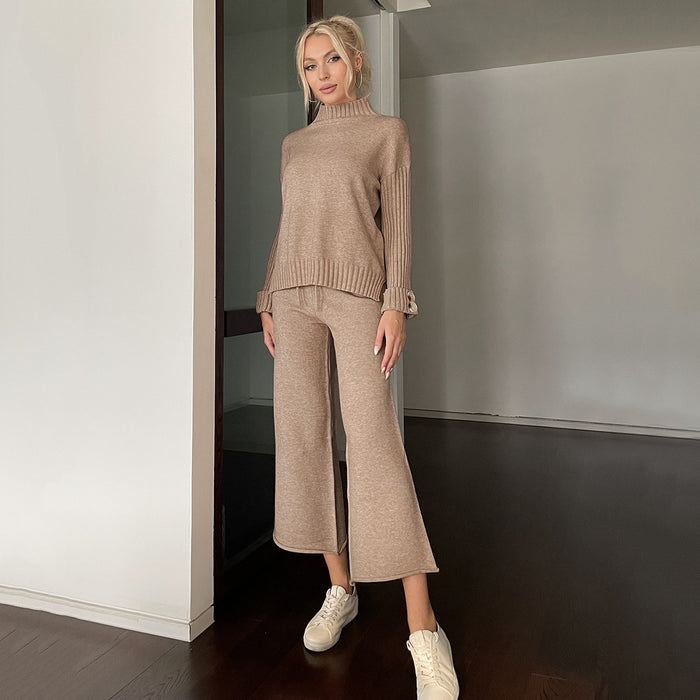 Women Clothing Autumn Winter Sweater Half Turtleneck Soft Sweater Two Pieces-camel-Fancey Boutique