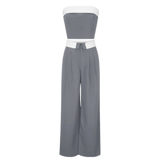 Color-Gray-Spring Summer Contrast Color Vest Wide Leg Work Pant Casual Two Piece Suit-Fancey Boutique