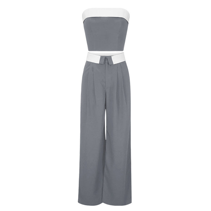 Color-Gray-Spring Summer Contrast Color Vest Wide Leg Work Pant Casual Two Piece Suit-Fancey Boutique