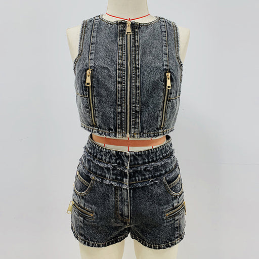 Color-Gray-Goods Stars Zipper Denim Vest Top Denim Shorts Suit Two-Piece Set-Fancey Boutique