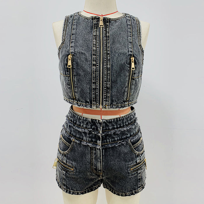 Color-Gray-Goods Stars Zipper Denim Vest Top Denim Shorts Suit Two-Piece Set-Fancey Boutique