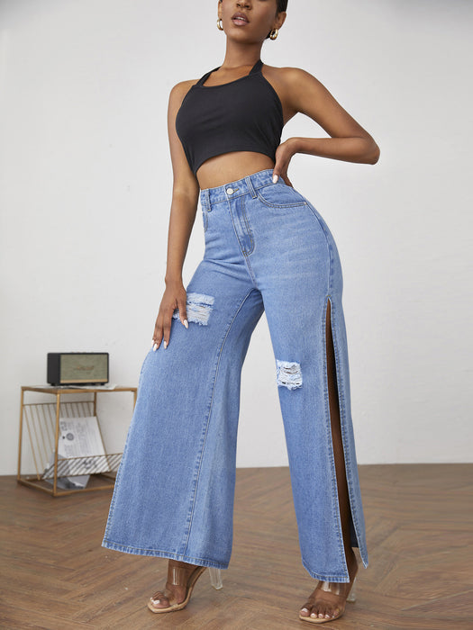 Women Traceable Jeans Ripped Split Women Jeans-Fancey Boutique