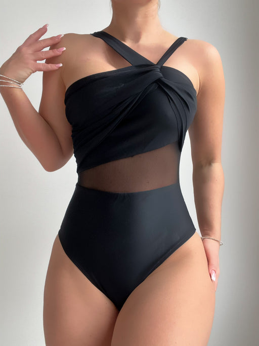 Solid Color Irregular Asymmetric Shoulder Strap Net Stitching One Piece Swimsuit-Black-Fancey Boutique