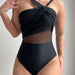 Solid Color Irregular Asymmetric Shoulder Strap Net Stitching One Piece Swimsuit-Black-Fancey Boutique