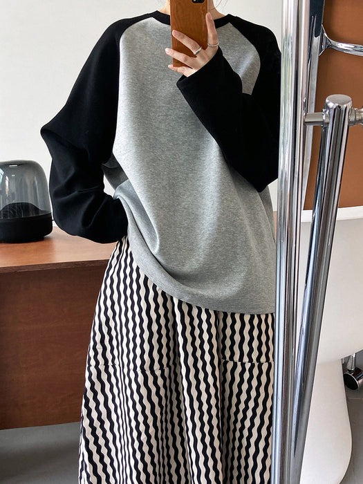 Color-Gray black multi-color-Casual Contrast Color Profile T shirt Women Loose Idle Color Block Raglan Sleeves Long Sleeve Bottoming Top-Fancey Boutique