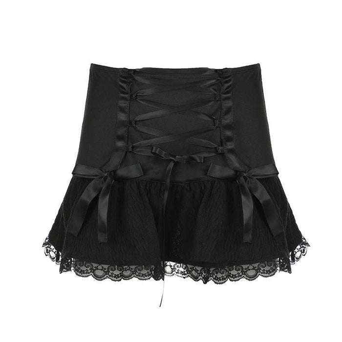 Color-Black-Dark Girl Bow Lace Stitching Cross Lace Pleated Skirt Sexy Dance Thin Looking Cool Skirt-Fancey Boutique