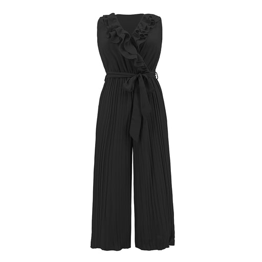 Color-Black-Summer Women Clothing Sleeveless V neck Flounce Pleated Jumpsuit-Fancey Boutique