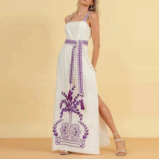 Vintage Bohemian Embroidery Summer Suspender Tube Top Cinched Waist Long Women Side Split Dress-Purple-Fancey Boutique