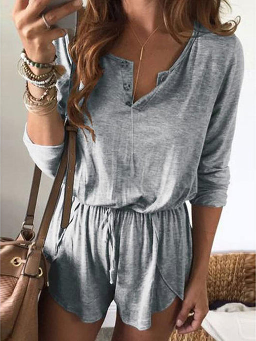 Color-Gray-Summer Casual Women Clothing Solid Color Round Neck Waist Trimming Romper-Fancey Boutique