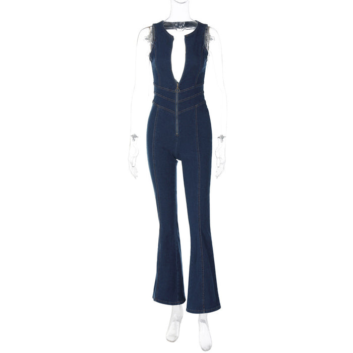 Color-Blue-Women Clothing Summer Slim Fit Slimming Fashionable Backless Retro High Waist Denim Jumpsuit-Fancey Boutique