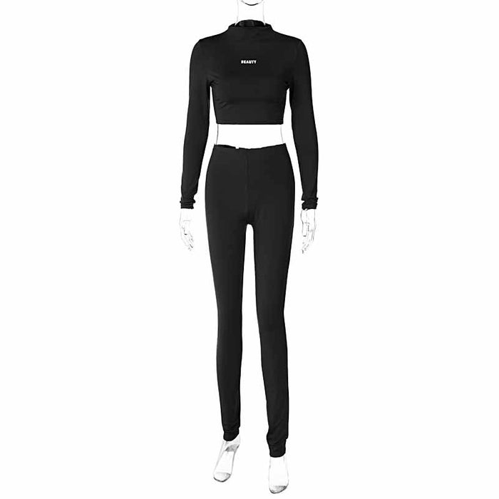 Color-Black-Women Clothing Winter Slim Fit Cropped Long Sleeve Top Slim Yoga Trousers Set-Fancey Boutique