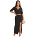 Color-Black-Pleating V-neck T-shirt High Slit Drawstring Skirt Two-Piece Suit-Fancey Boutique