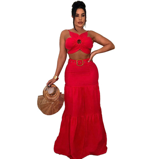 Color-Red-Sexy Solid Color Special-Shaped Strap Strap Large Skirt Belt Set-Fancey Boutique