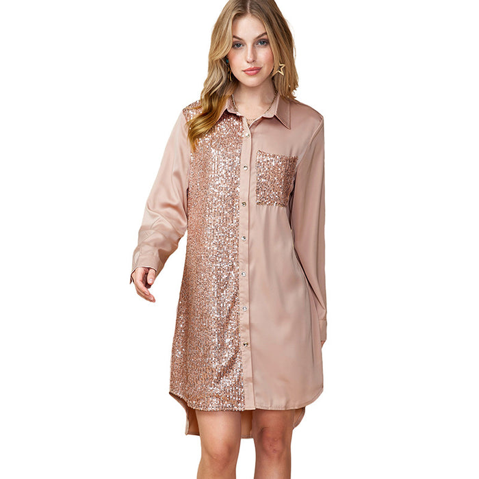 Color-Khaki-Autumn Shirt Long Sleeved Dress for Women All Match Sequin Stitching Knee Length Dress for Women-Fancey Boutique