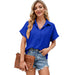 Color-Blue-Women V Neck Button Down Shirt Solid Color Bubble Wrinkle Loose Short Sleeve Shirt Top-Fancey Boutique
