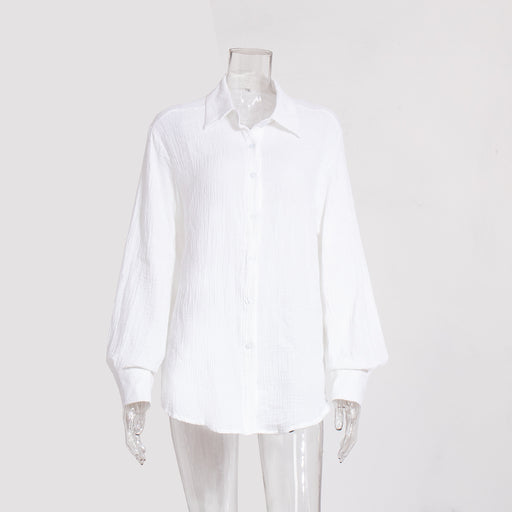 Pure Cotton Crepe Shirt Comfort Loose Elegant Polo Shirt in Spring-White-Fancey Boutique