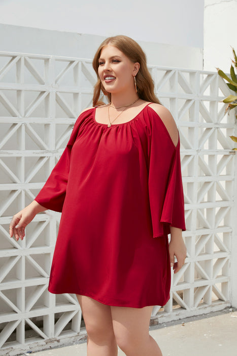 Color-Burgundy-Plus Size Women Clothing Solid Color Casual Holiday Dress Travel Crew Neck Split Puff Sleeve Dress-Fancey Boutique