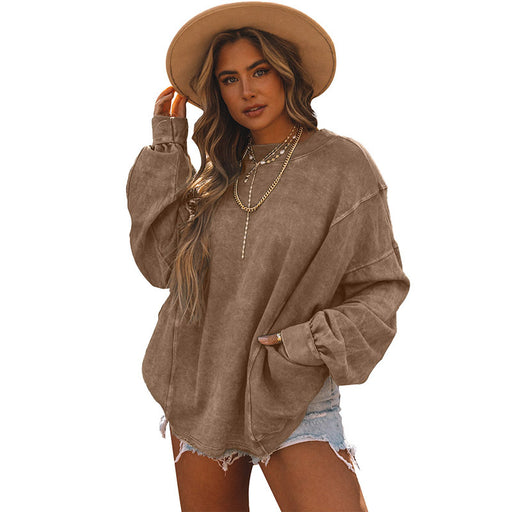 Color-Khaki-Autumn Solid Color Loose Sweater Women Simple Pullover round Neck Long Sleeves Top Women-Fancey Boutique