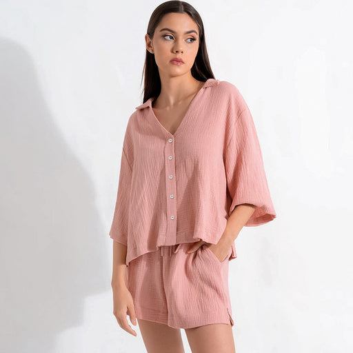 Color-Pink-Autumn Five Quarter Sleeve Pajamas Loose Crepe Cotton Shorts Suit Ladies Homewear Can Be Worn-Fancey Boutique