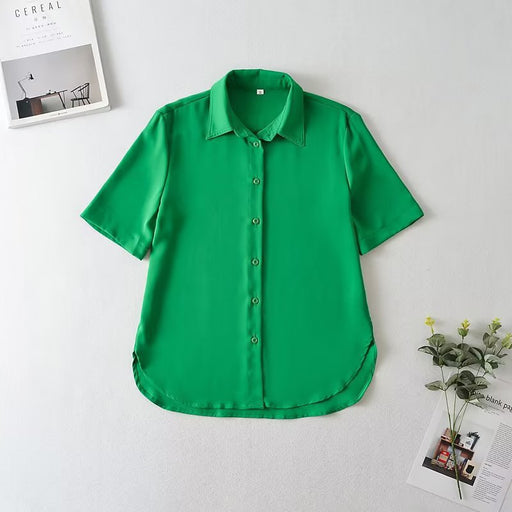Color-Green-Summer Women Clothing Slit Design Shirt Korean Silk Satin Texture Short Sleeve Polo Collar Top-Fancey Boutique