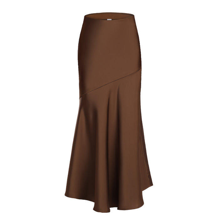 Women Acetate Satin Skirt High Waist Elastic Patchwork Maxi Dress Slim Slimming Sheath Dress-Brown-Fancey Boutique