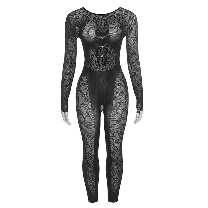 Color-Black-Summer Women Clothing Sexy Hollow Out Cutout-out Tight Long Sleeve One Piece Trousers-Fancey Boutique