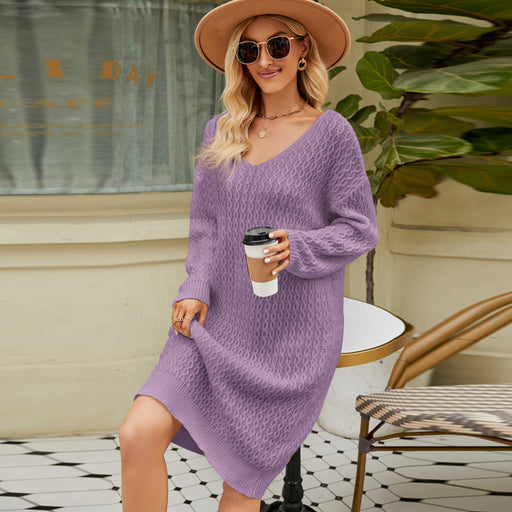 Color-Purple-Women Clothing Loose Solid Color Knitted Sweater Dress Autumn Winter Long Idle Pullover Sweater Dress-Fancey Boutique