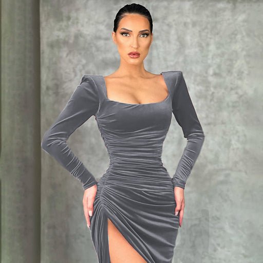 Color-Dark Grey-Women Clothing Winter Sexy Square Neck Fold High Waist Tuxedo Dress-Fancey Boutique