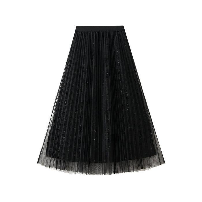 Color-Black-Pleated Bright Yarn Mesh Skirt for Women Spring High Waist Slimming Mid Length Large Swing Cover Yarn Skirt-Fancey Boutique
