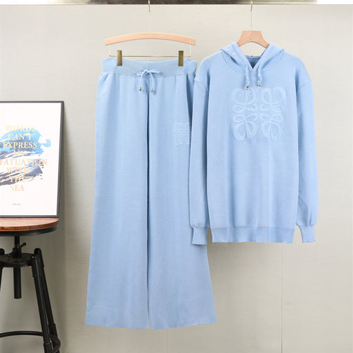 Suit Western Casual Russian Hooded Cored Yarn Sweater Wide Leg Pants Knitted Two Piece-Blue-Fancey Boutique
