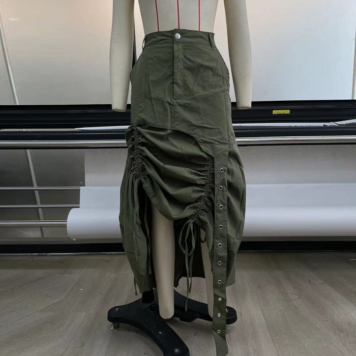 Color-Green-Women Drawstring Skirt Millennium Side Pleated Tie Irregular Asymmetric Skirt-Fancey Boutique