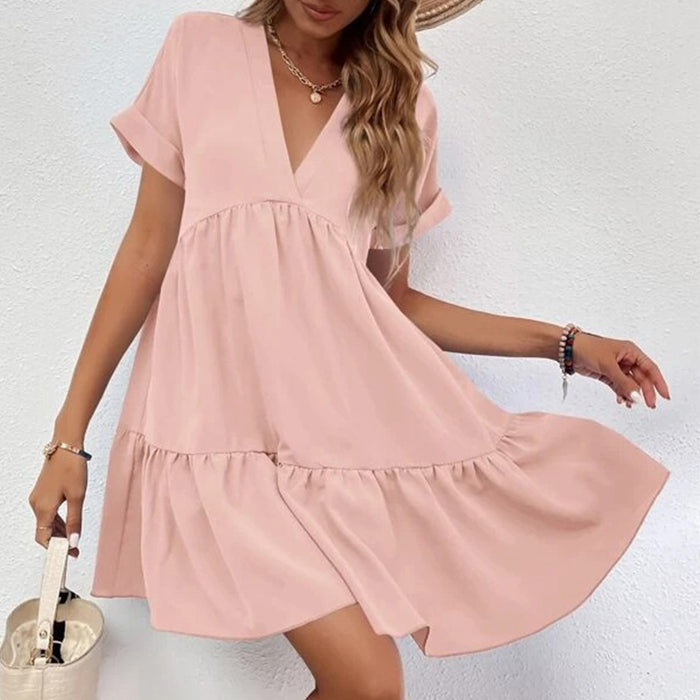 Color-Pink-Women Solid Color Loose Waist Midi Dress V neck Dress for Women-Fancey Boutique