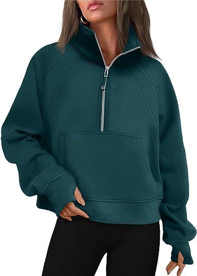 Color-Blackish Green-Women Clothing Half Zipper Short Stand Collar Thumb Hole Brushed Hoody-Fancey Boutique