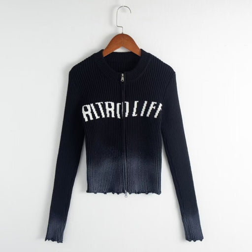 Color-Black-Autumn round Neck Letter Graphic Slim Fit Short Long Sleeve Zipper Women Knitwear Top-Fancey Boutique