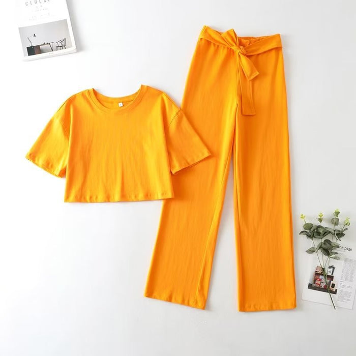 Color-Yellow-Summer Solid Color O-neck Short Knitted Top Belt Baggy Pants Suit-Fancey Boutique