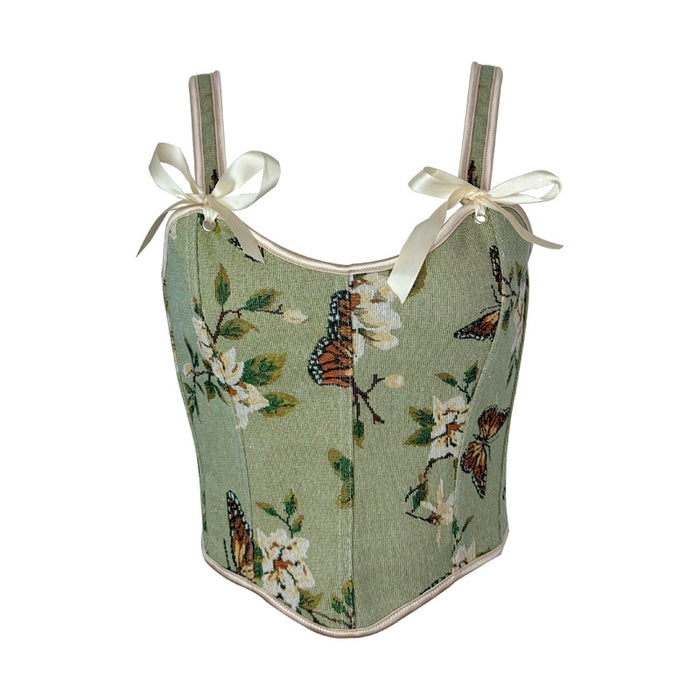 French Bow Tie Shoulder Floral Sexy Shapewear Women Spaghetti Strap Floral Print Slim Vest Corset-blackish green-Fancey Boutique