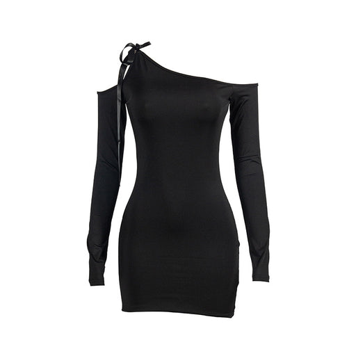 Spring Solid Color Diagonal Collar Lace Up Off Shoulder Long Sleeve Slim High Waist Dress-Black-Fancey Boutique