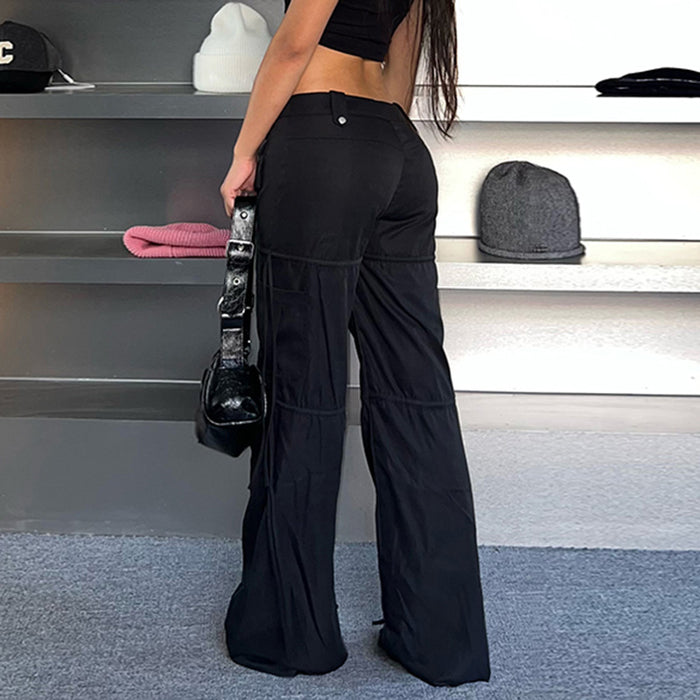 High Street Pocket Ribbon Stitching Straight Black Woven Pants Early Summer Sexy Low Waist Workwear Casual Pants-Fancey Boutique