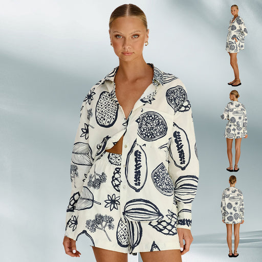 Color-White with Printed Pattern Suit-Early Autumn Casual Advanced Fruit Printed Shorts Cardigan Suit-Fancey Boutique