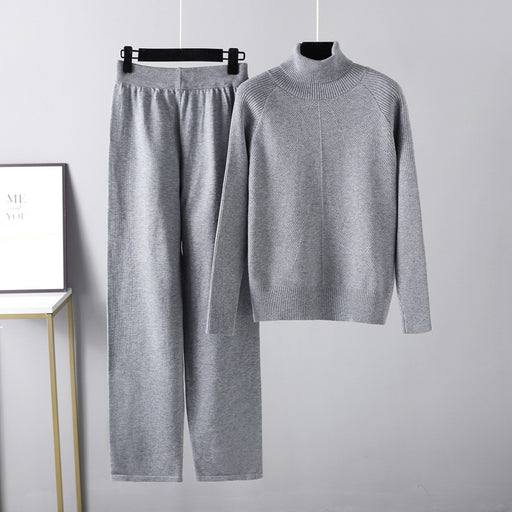 Color-Gray-Solid Color Turtleneck Knitted Sweater Suit Autumn Winter Sweaters Drawstring Casual Pants Two Piece Set-Fancey Boutique