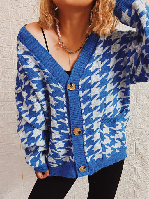 Color-Blue-Sweater Women Loose V neck Houndstooth Contrast Color Single Breasted Pocket Long Sleeve Knitted Cardigan-Fancey Boutique