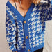 Color-Blue-Sweater Women Loose V neck Houndstooth Contrast Color Single Breasted Pocket Long Sleeve Knitted Cardigan-Fancey Boutique