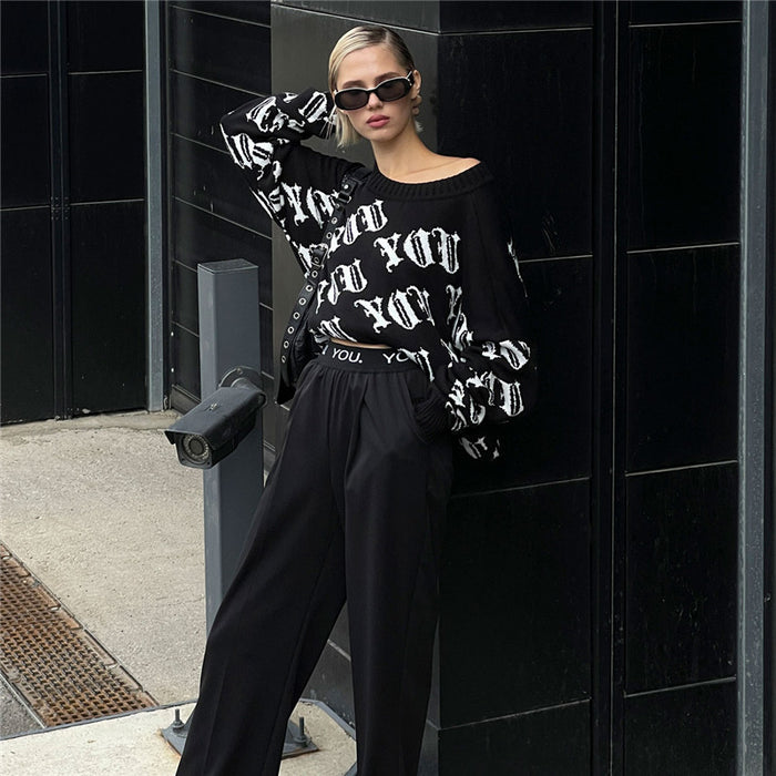 Street Sexy Printed Long Sleeve Women Printing Contrast Color Sweater Inner Wear Outer Wear Autumn Winter-Black-Fancey Boutique